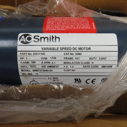 AO Smith 46807372543-0A D062 1HP Variable Speed DC Motor 1725RPM 180V 56C NEW
