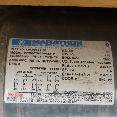 Marathon 720.09167.00 1/2HP AC Electric Motor 3450RPM 230/460V 3PH 65CZ-65 NEW
