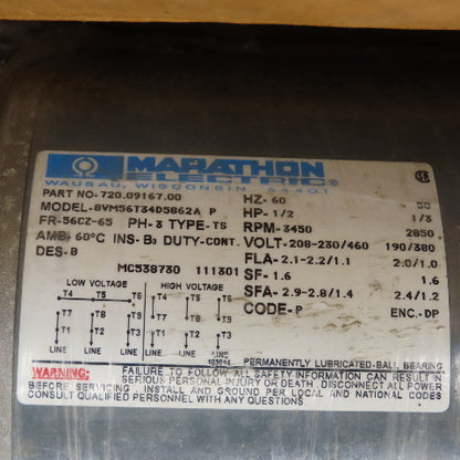 Marathon 720.09167.00 1/2HP AC Electric Motor 3450RPM 230/460V 3PH 65CZ-65 NEW