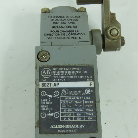 Allen Bradley 802T-AP Ser F Rocker Arm Limit Switch 120-600V 40146-009-63