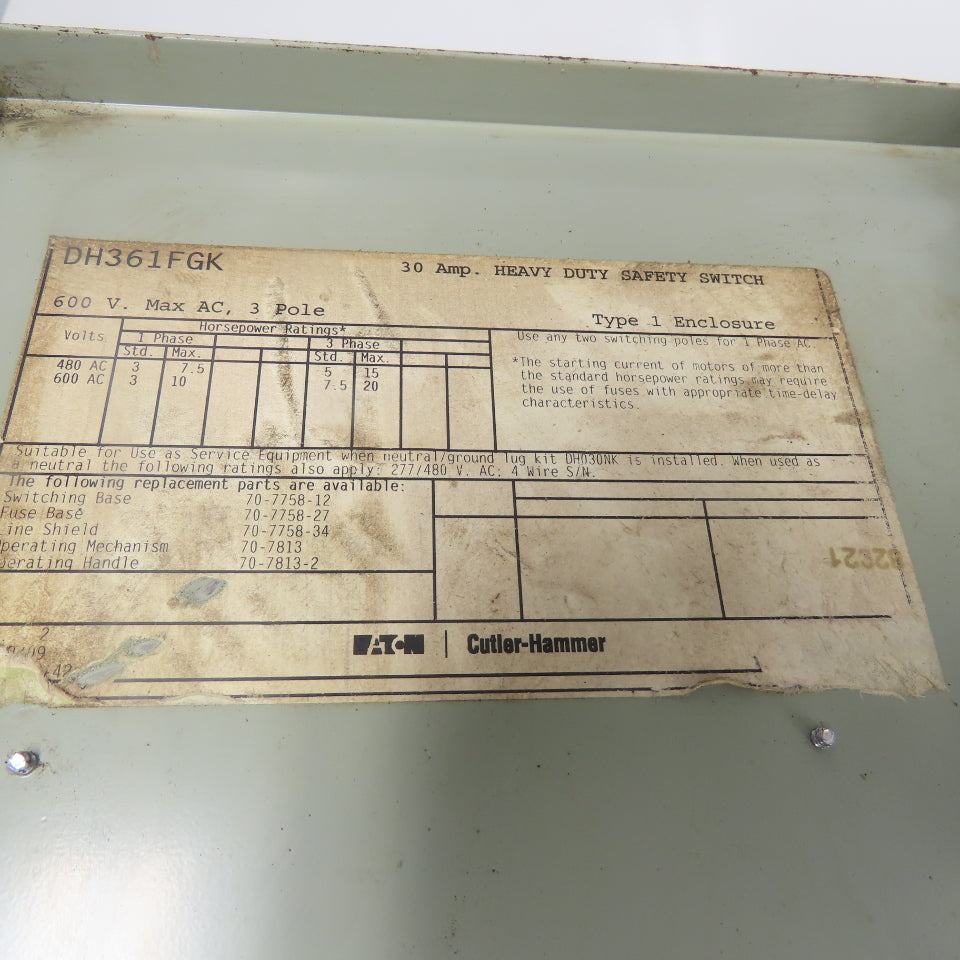 Eaton Cutler-Hammer DH361FGK 30A Heavy Duty Safety Switch 600VAC 3-Pole