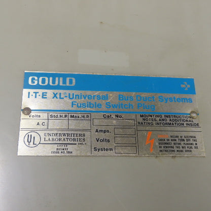 Gould UV461 ITE XL-Universal Bus Duct Fusible Switch Plug 30A 600VAC