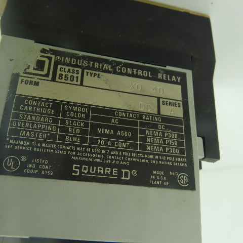 Square D X0 40 Ser A Class 8501 Control Relay 110/120V