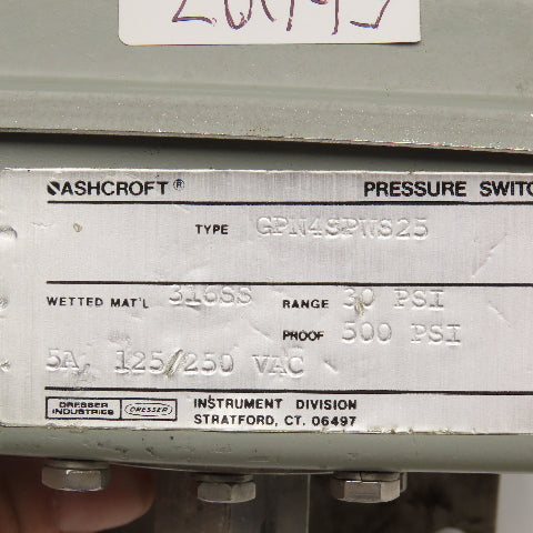 Ashcroft GPN4SPWS25 Pressure Switch 30PSI 500PSI Proof 125/250VAC 1/4" NPT