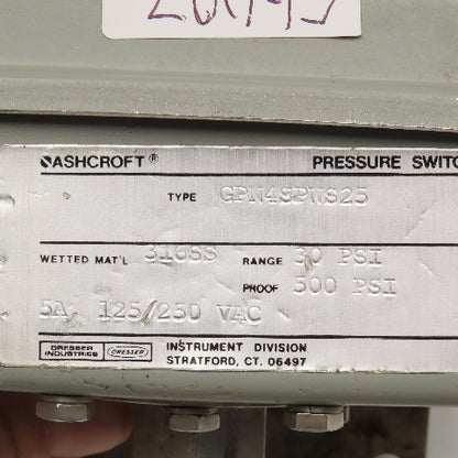 Ashcroft GPN4SPWS25 Pressure Switch 30PSI 500PSI Proof 125/250VAC 1/4" NPT
