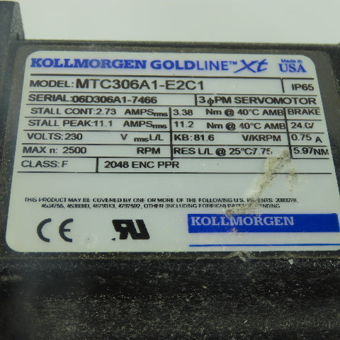 Kollmorgen MTC306A1-E2C1 Servo Motor 230V 2500RPM 11.2Nm W/ Brake