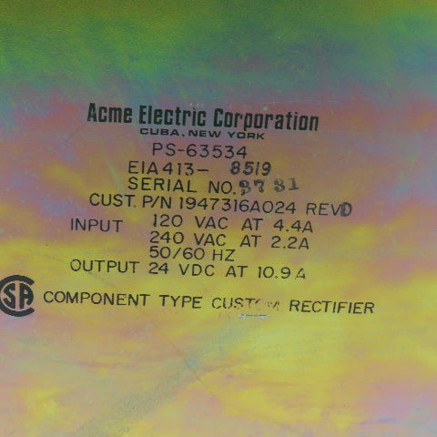 Acme Electric PS-63534 Power Supply 120/240VAC 24VDC Output
