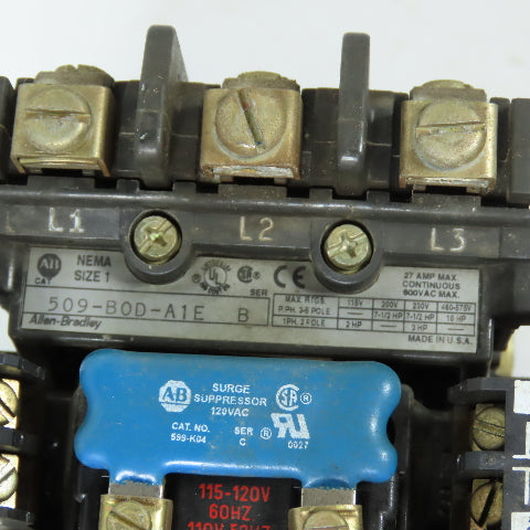 Allen Bradley 509-BOD-A1E Size 1 Starter Contactor 27A 120V Coil W/Overload