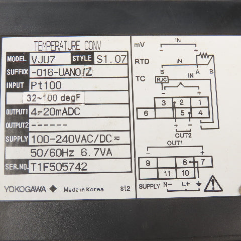 Yokogawa VJU7 Style S1.07 Universal Temperature Converter 32-100°F 100-240VAC