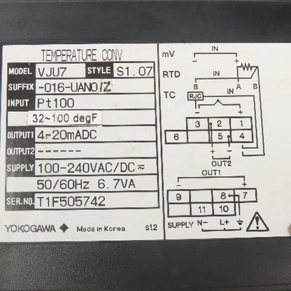 Yokogawa VJU7 Style S1.07 Universal Temperature Converter 32-100°F 100-240VAC