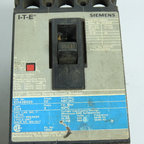 Siemens ITE ED43B020 Sentron NOS 20A 3-Pole Circuit Breaker 480VAC