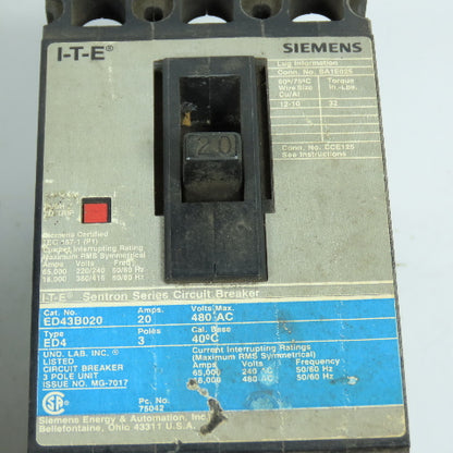 Siemens ITE ED43B020 Sentron NOS 20A 3-Pole Circuit Breaker 480VAC