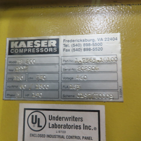 Kaeser DS 200 150HP Rotary Screw Air Compressor 750CFM 110PSI 480V 3PH