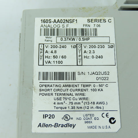 Allen Bradley 160S-AA02NSF1 SerC 0.37 / 0.5HP AC Drive 200-230V 3PH 2.3A 0-240HZ