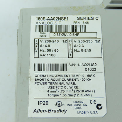 Allen Bradley 160S-AA02NSF1 SerC 0.37 / 0.5HP AC Drive 200-230V 3PH 2.3A 0-240HZ