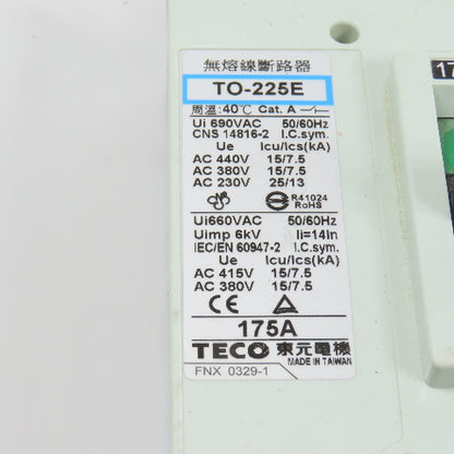 Teco TO-225E 175A 3-Pole Circuit Breaker 690VAC 50/60HZ
