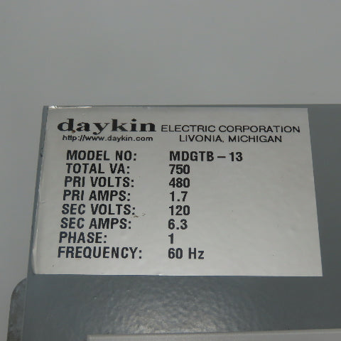 Daykin MDGTB-13 Disconnect Transformer Pri 480V Sec 120V 6.3A Total VA 750 1PH