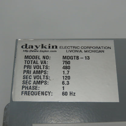 Daykin MDGTB-13 Disconnect Transformer Pri 480V Sec 120V 6.3A Total VA 750 1PH