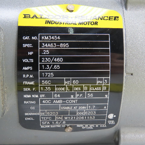 Baldor KM3454 .25HP AC Electric Motor 1725RPM 208-223/460V 3PH 56C Fr. Tested