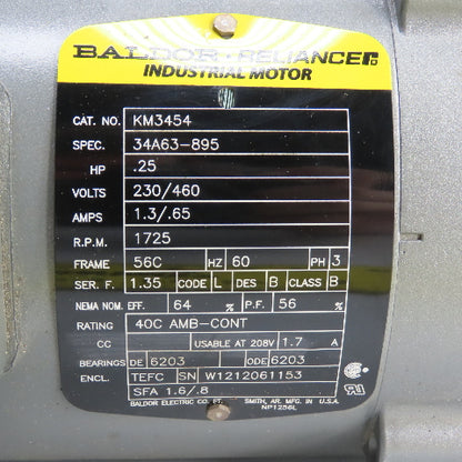 Baldor KM3454 .25HP AC Electric Motor 1725RPM 208-223/460V 3PH 56C Fr. Tested