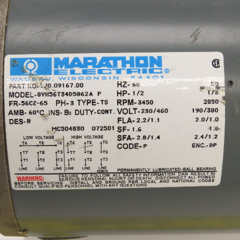 Marathon 720.09167.00 1/2HP AC Electric Motor 3450RPM 230/460V 3PH 56CZ-65 Fr.