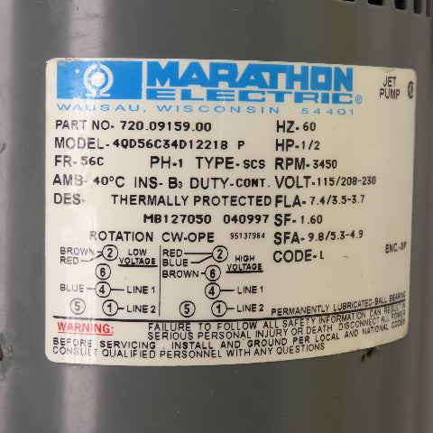 Marathon 720.09159.00 1/2HP AC Electric Motor 3450RPM 115/208-230V 1PH 56C Fr.