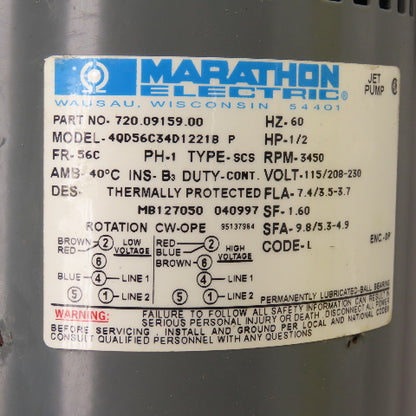 Marathon 720.09159.00 1/2HP AC Electric Motor 3450RPM 115/208-230V 1PH 56C Fr.
