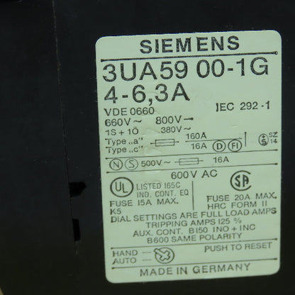 Siemens 3UA5900-1G Thermal Overload Protection Relay 4-6.3A 660V New