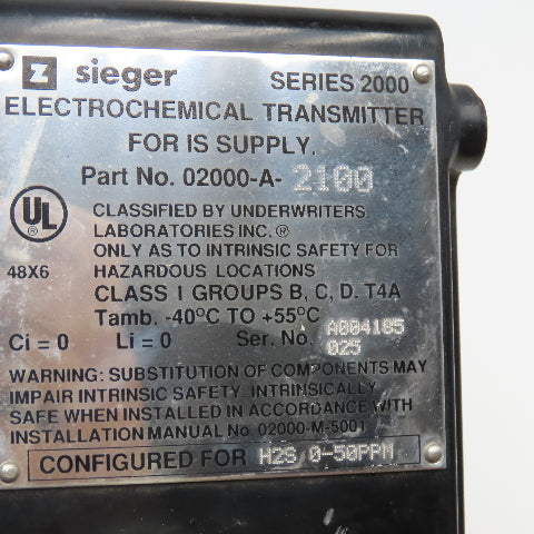 Sieger 02000-A-2100 Electrochemical Transmitter 02000-A-1091 Sensor