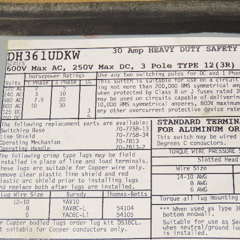 Cutler Hammer DH361UDKW 30A 600VAC 250VDC 3 Pole Non Fused Safety Disconnect
