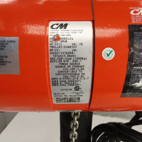 CM Lodestar Model L 1 Ton 2000LB Electric Chain Hoist 230/460V 20' Lift 16FPM