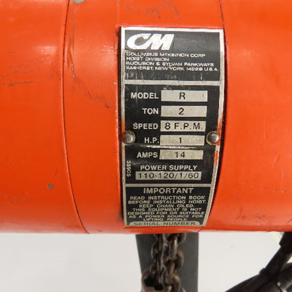 CM Lodestar Model R 2 Ton 4000LB Electric Chain Hoist 120V 1PH 10' Lift 8FPM