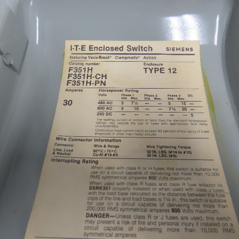Siemens ITE F351H 30A Vacu-Break Fusible Safety Disconnect Switch 600VAC