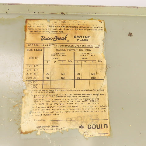ITE Gould BOS14354 Bulldog 200A Fusible Bus Busway Plug Disconnect Switch 600VAC