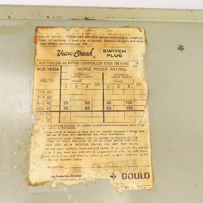 ITE Gould BOS14354 Bulldog 200A Fusible Bus Busway Plug Disconnect Switch 600VAC