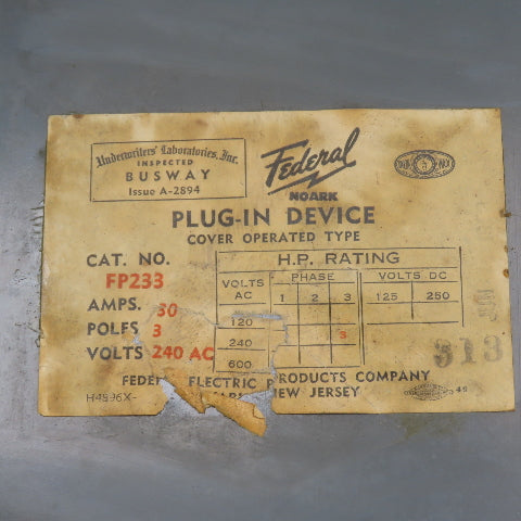 Federal FP233 30A Cover Operated Fusible Plug-In Bus Switch 3P 230VAC