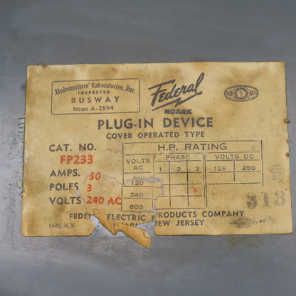Federal FP233 30A Cover Operated Fusible Plug-In Bus Switch 3P 230VAC