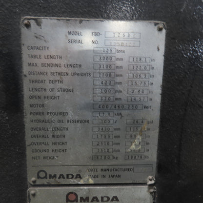 Amada FBD-1253 125 Ton x 10' CNC Press Brake 230/460V 3Ph Back Gauge