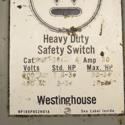 Westinghouse RHF-361 30A 3-Pole Fusible Safety Disconnect Switch 600VAC 20HP