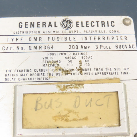 General Electric QMR364 200A 3 Pole Fusible Bus Disconnect Switch 600V 100Hp