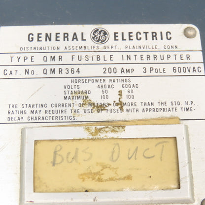 General Electric QMR364 200A 3 Pole Fusible Bus Disconnect Switch 600V 100Hp