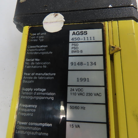 Sick AGSS 450-1111 Safety Light Curtain Sender 450mm x 6mm 24VDC 110-230VAC