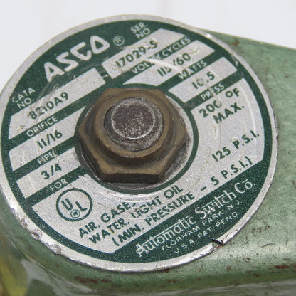 ASCO 8210A9 3/4" NPT Solenoid Valve 115V WOG 125PSI