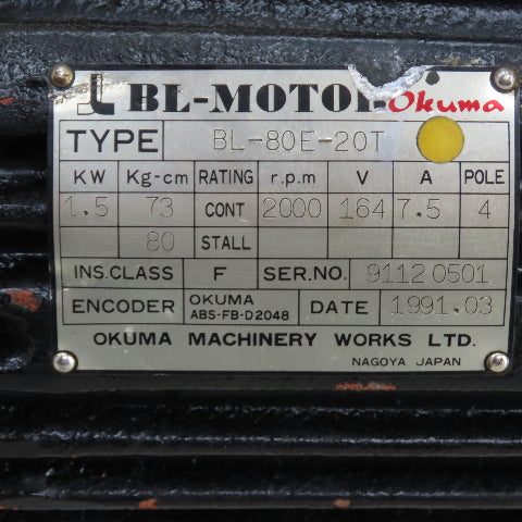 Okuma BL-80E-20T 1.5KW Servo Motor 2000RPM 164V 7.5A W/Encoder ER-FC-2048D