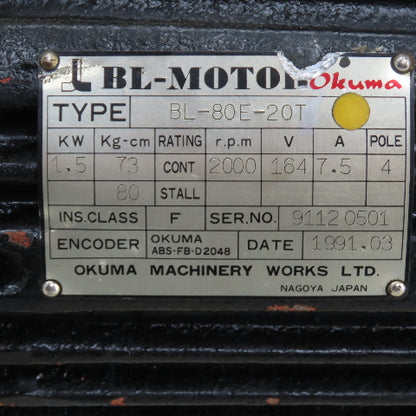 Okuma BL-80E-20T 1.5KW Servo Motor 2000RPM 164V 7.5A W/Encoder ER-FC-2048D