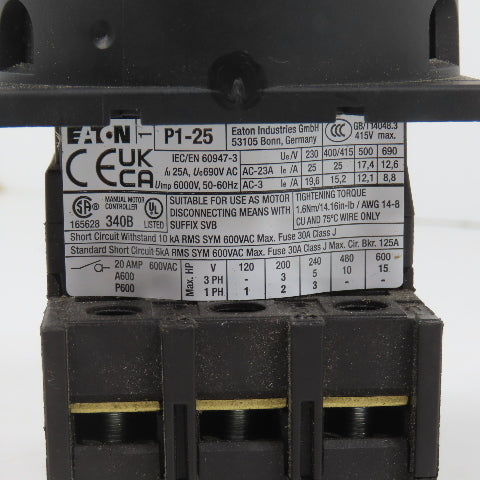 Eaton P1-25 3-Pole 25A 600V Rotary Disconnect Switch (Clean)