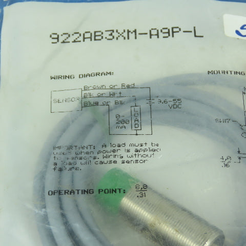 Honeywell 922AB3XM-A9P-L Micro Switch Threaded Barrel Proximity Sensor New