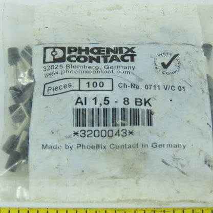Phoenix Contact AI 1,5-8 BK 1200107 Ferrule Taped 1.5sp mm 8mm 16AWG Pack Of 100