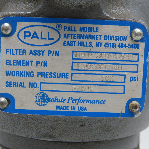 Pall MH9850A16KNSBB1 1" NPT Filter Assembly 600PSI MC9800 Filter