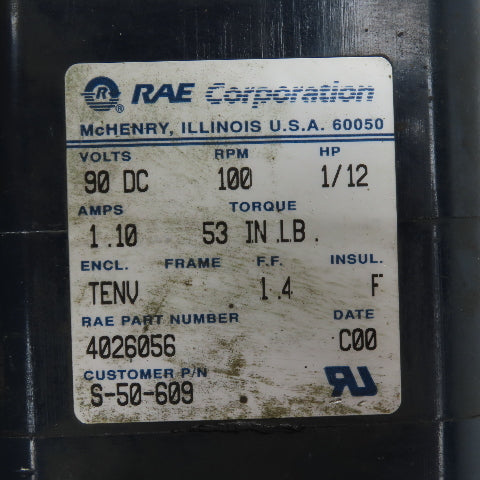 RAE 4026056 S-50-609 1/12HP Inline Gear Motor 90VDC 100RPM Output 53 In Lb. Torq